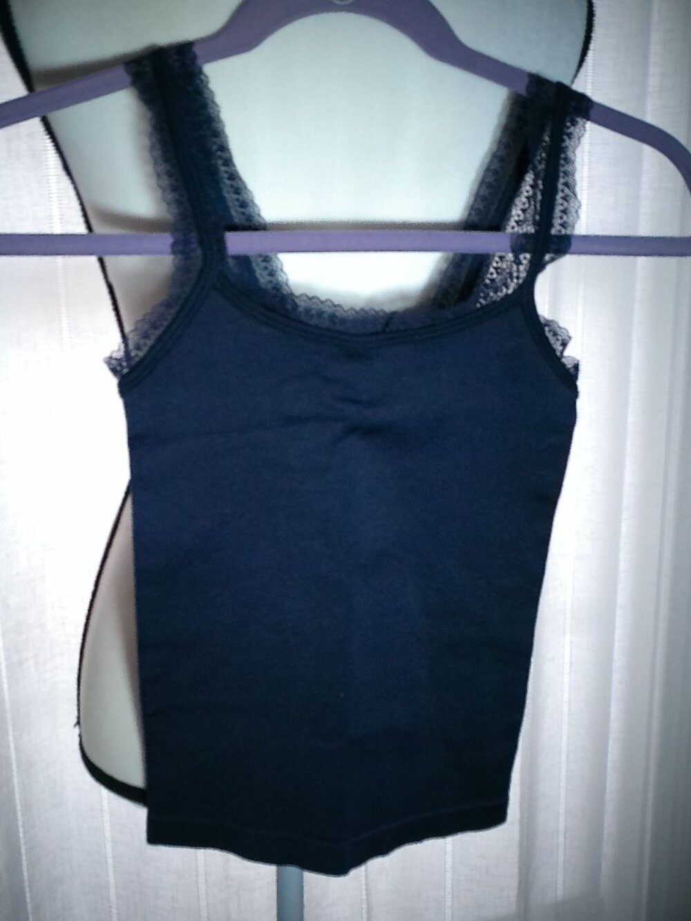 ANY BODY Tank Top Smoothing Ribbed Lace Trim Navy Blue NWOT XXS